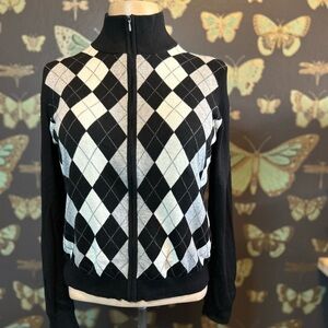 Vintage! Banana Republic Black and White Argyle Zip-Up Sweater Black Preppy Punk